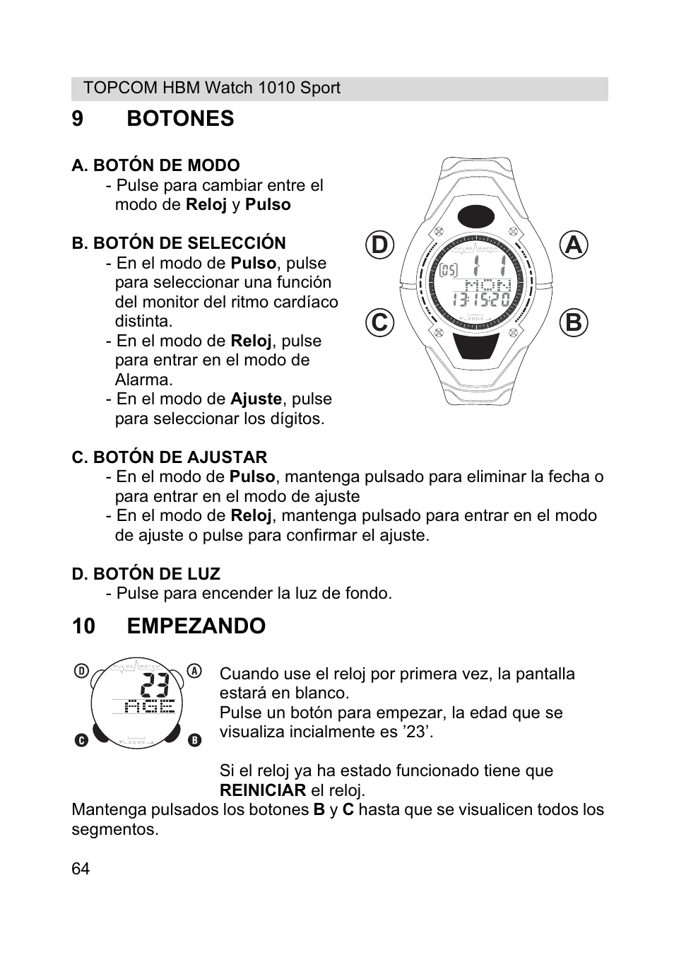 Ab c d, 9botones, 10 empezando | Topcom HBM Watch 1010 Sport User Manual | Page 64 / 132