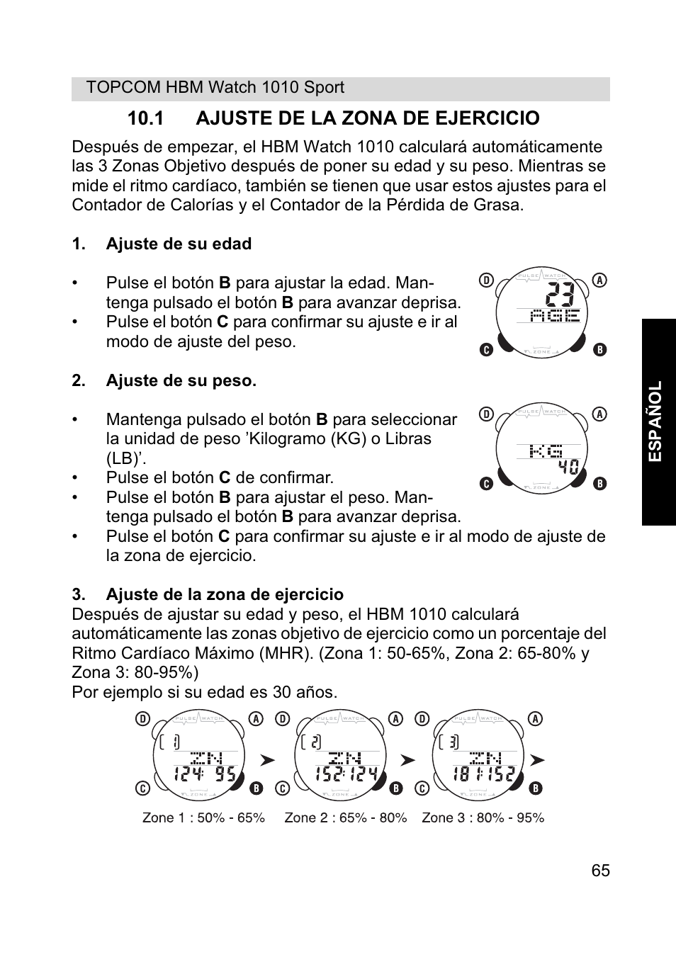 1 ajuste de la zona de ejercicio | Topcom HBM Watch 1010 Sport User Manual | Page 65 / 132