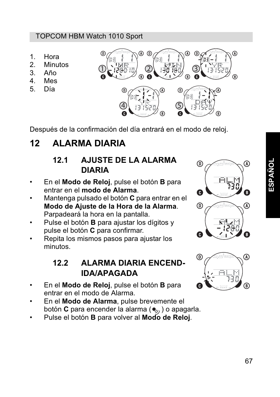 12 alarma diaria | Topcom HBM Watch 1010 Sport User Manual | Page 67 / 132