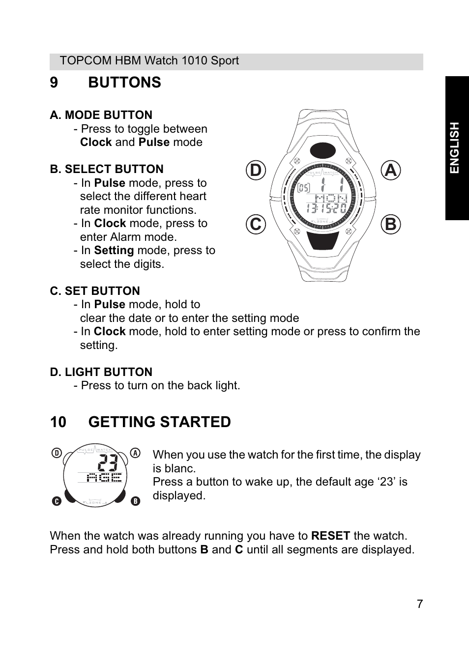 Ab c d, 9buttons, 10 getting started | Topcom HBM Watch 1010 Sport User Manual | Page 7 / 132