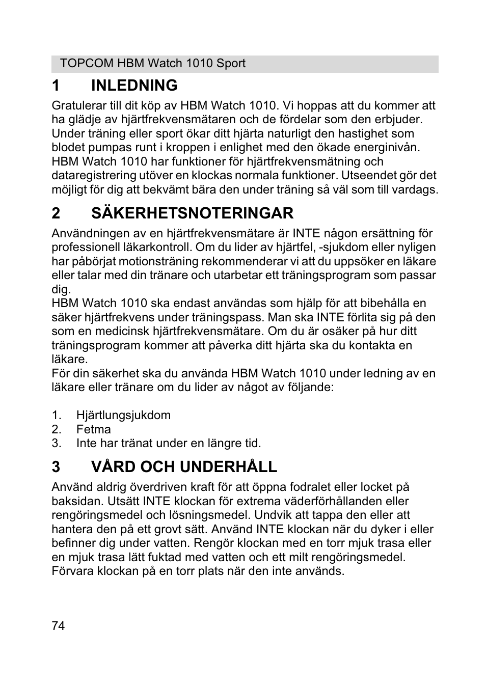 1inledning, 3vård och underhåll | Topcom HBM Watch 1010 Sport User Manual | Page 74 / 132
