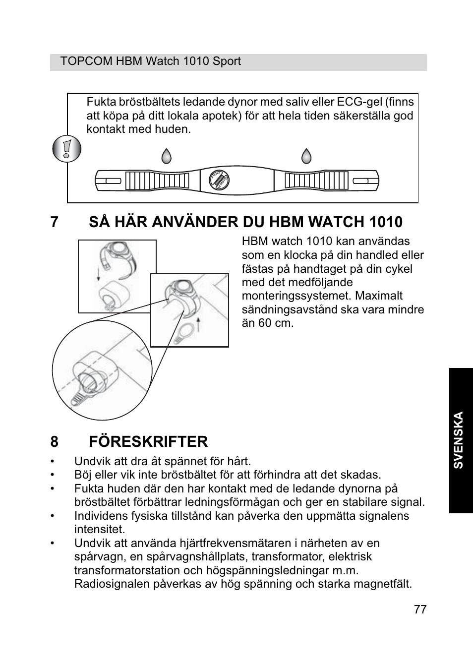 8föreskrifter | Topcom HBM Watch 1010 Sport User Manual | Page 77 / 132