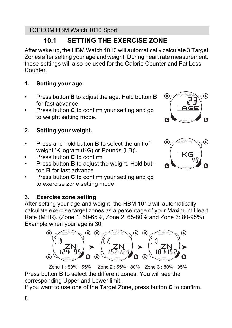 1 setting the exercise zone | Topcom HBM Watch 1010 Sport User Manual | Page 8 / 132