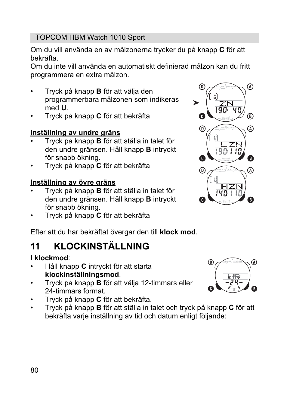11 klockinställning | Topcom HBM Watch 1010 Sport User Manual | Page 80 / 132