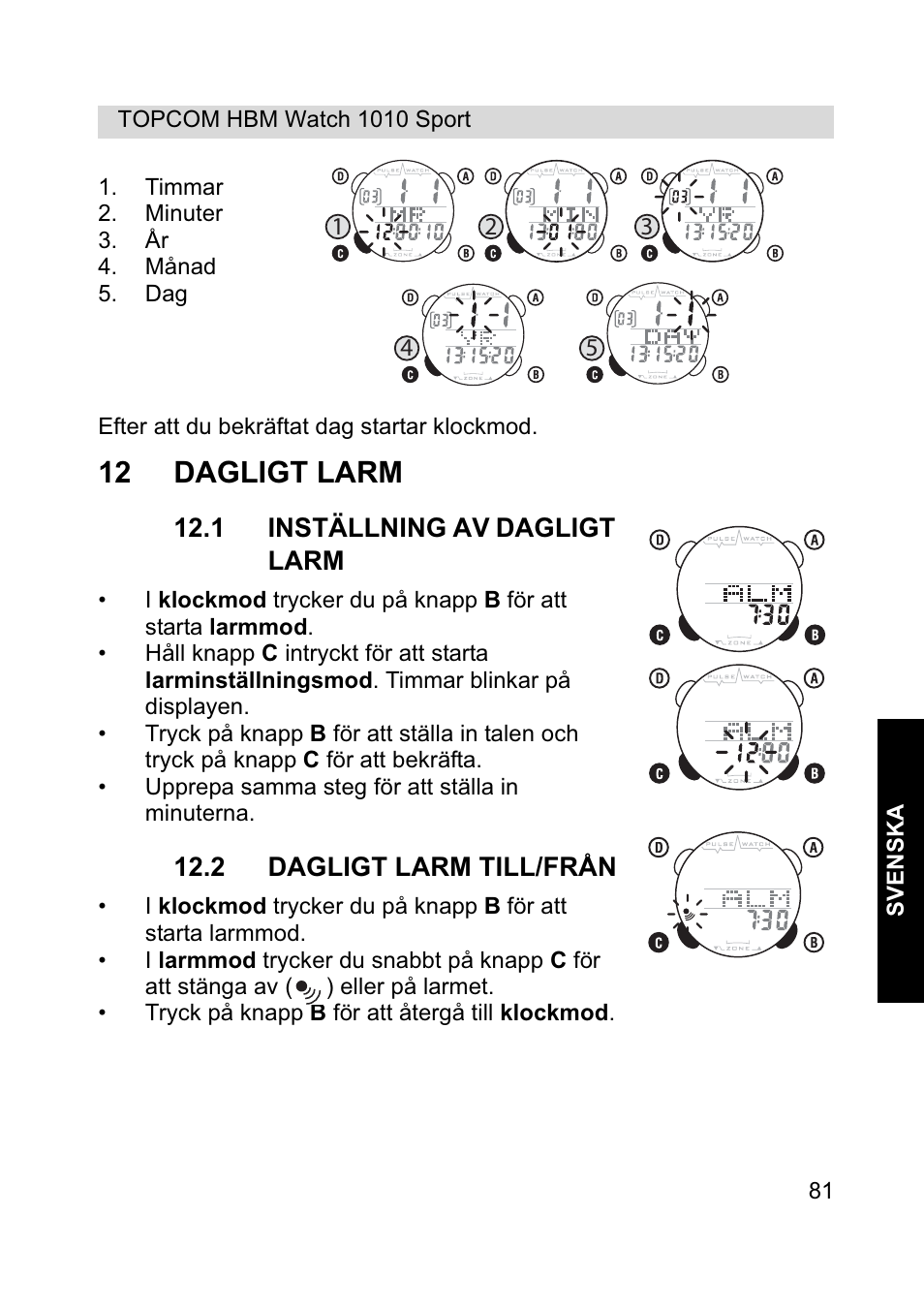12 dagligt larm | Topcom HBM Watch 1010 Sport User Manual | Page 81 / 132