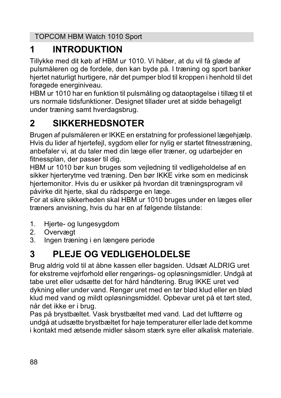 1introduktion, 3pleje og vedligeholdelse | Topcom HBM Watch 1010 Sport User Manual | Page 88 / 132