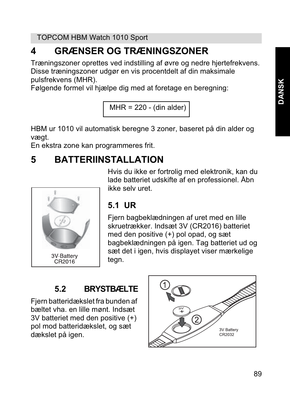 4grænser og træningszoner, 5batteriinstallation | Topcom HBM Watch 1010 Sport User Manual | Page 89 / 132