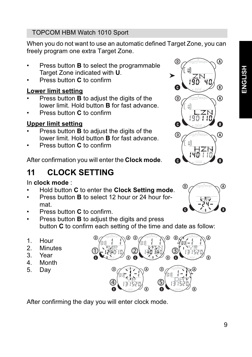 11 clock setting | Topcom HBM Watch 1010 Sport User Manual | Page 9 / 132