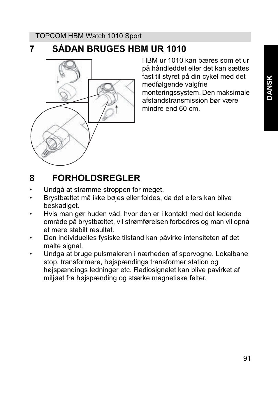 8forholdsregler | Topcom HBM Watch 1010 Sport User Manual | Page 91 / 132