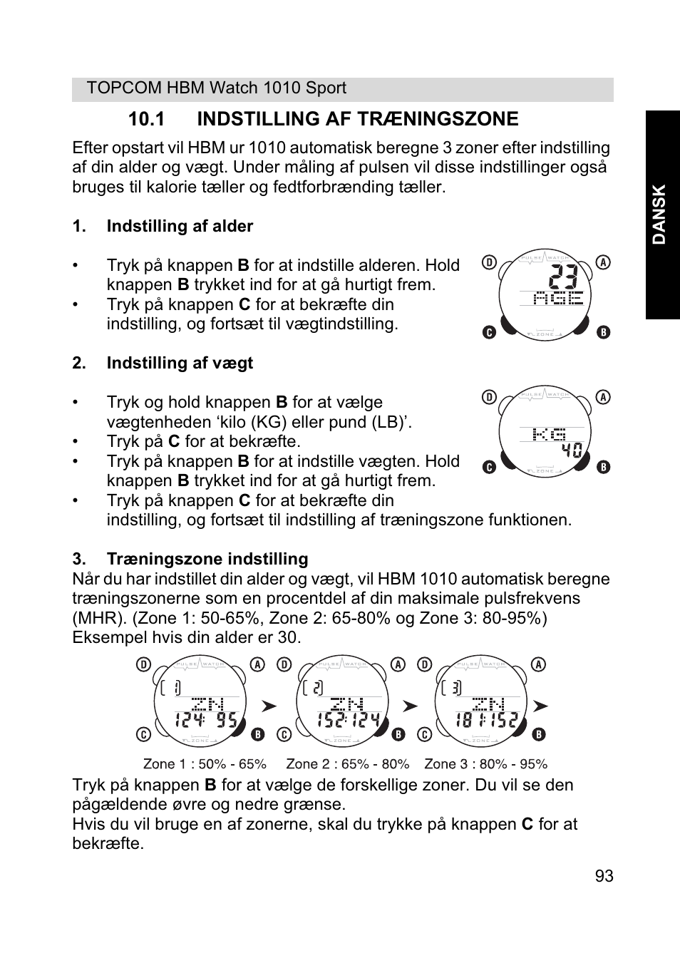 1 indstilling af træningszone | Topcom HBM Watch 1010 Sport User Manual | Page 93 / 132