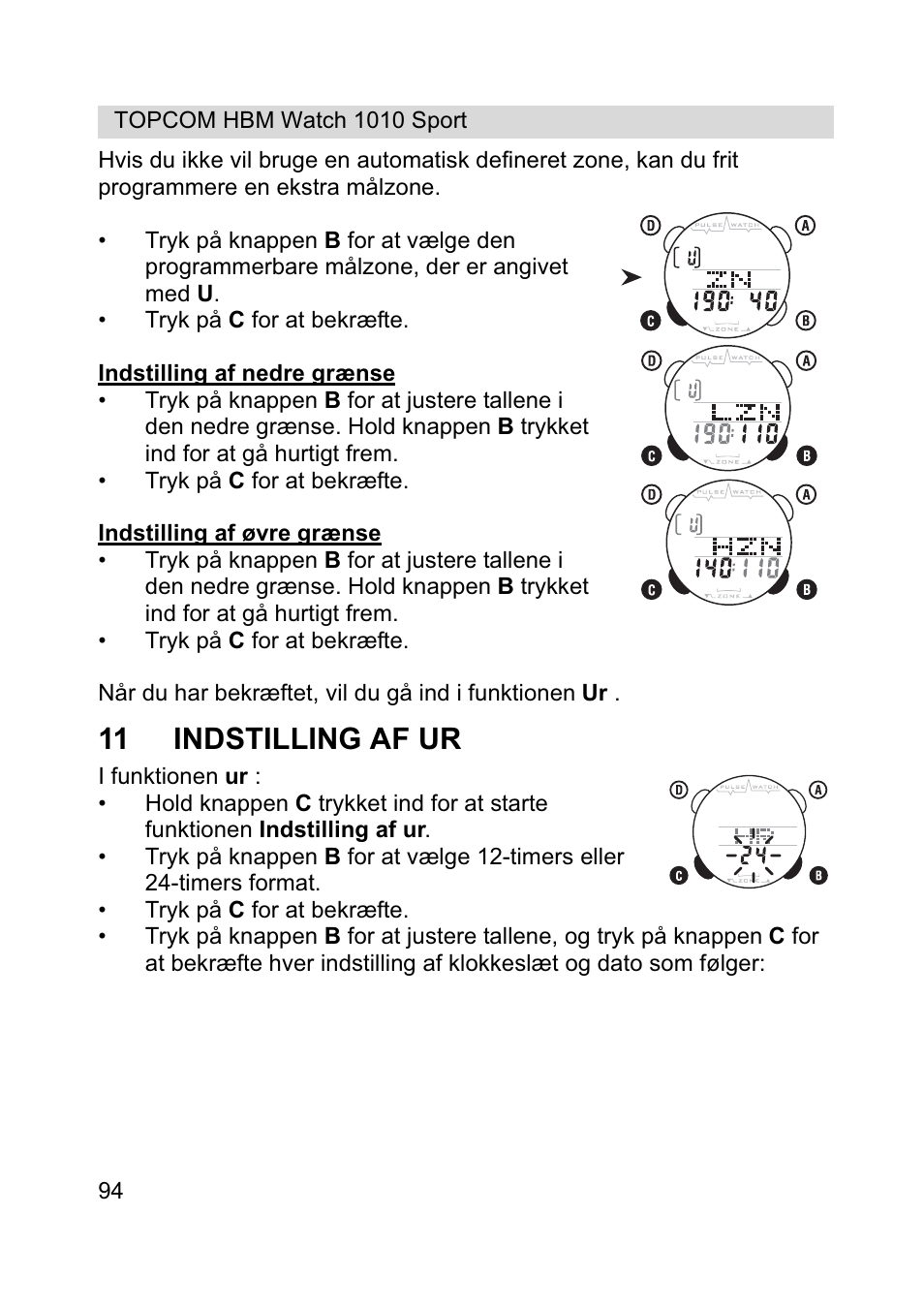 11 indstilling af ur | Topcom HBM Watch 1010 Sport User Manual | Page 94 / 132