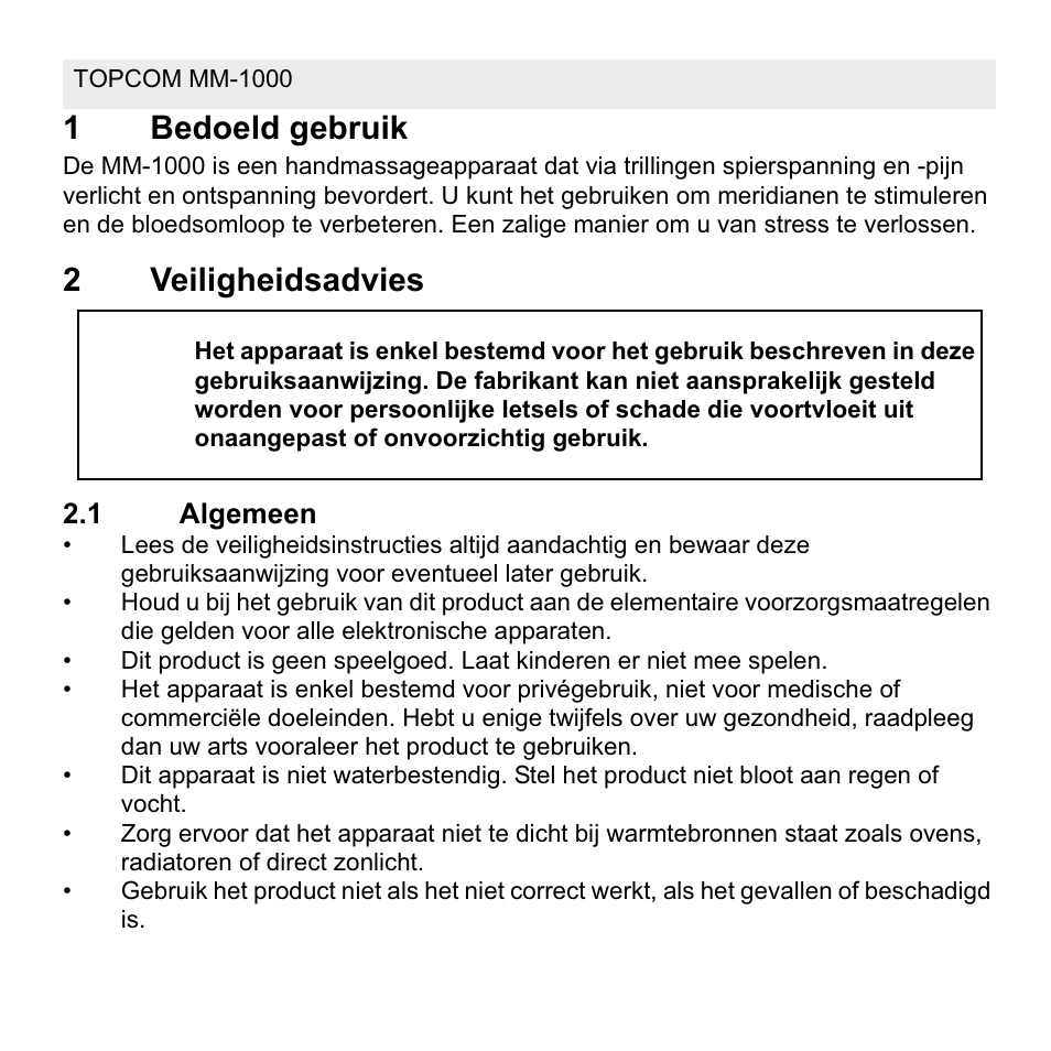 1bedoeld gebruik, 2veiligheidsadvies | Topcom MM 1000 User Manual | Page 10 / 124