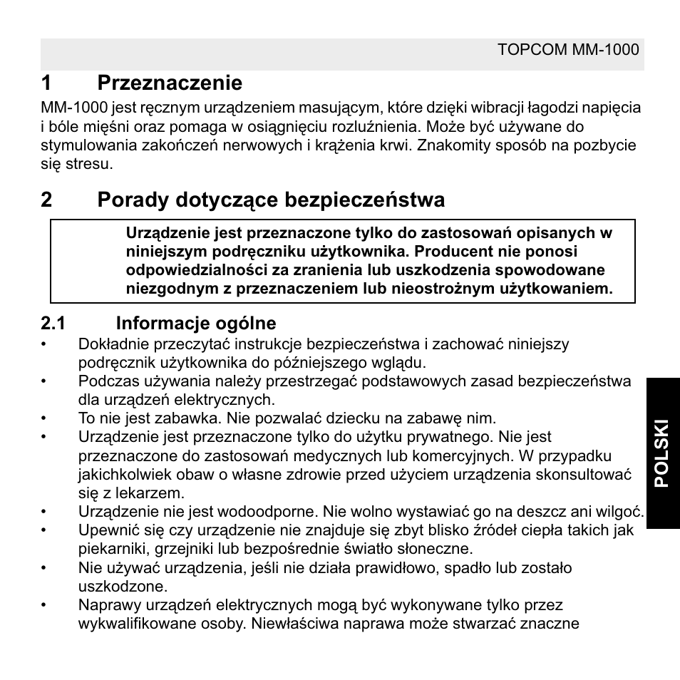 1przeznaczenie, 2porady dotyczące bezpieczeĕstwa | Topcom MM 1000 User Manual | Page 103 / 124