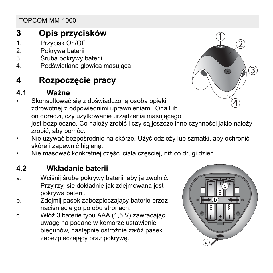 3opis przycisków, 4rozpoczċcie pracy | Topcom MM 1000 User Manual | Page 106 / 124