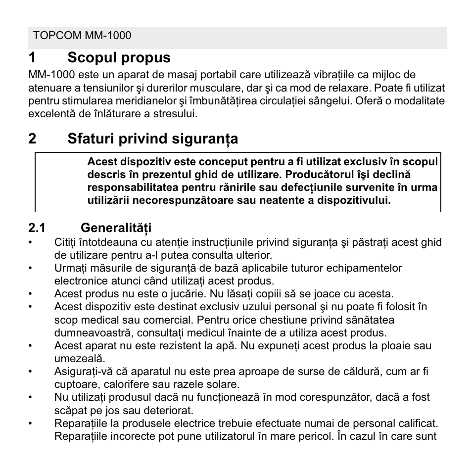 1scopul propus, 2sfaturi privind siguranġa | Topcom MM 1000 User Manual | Page 110 / 124