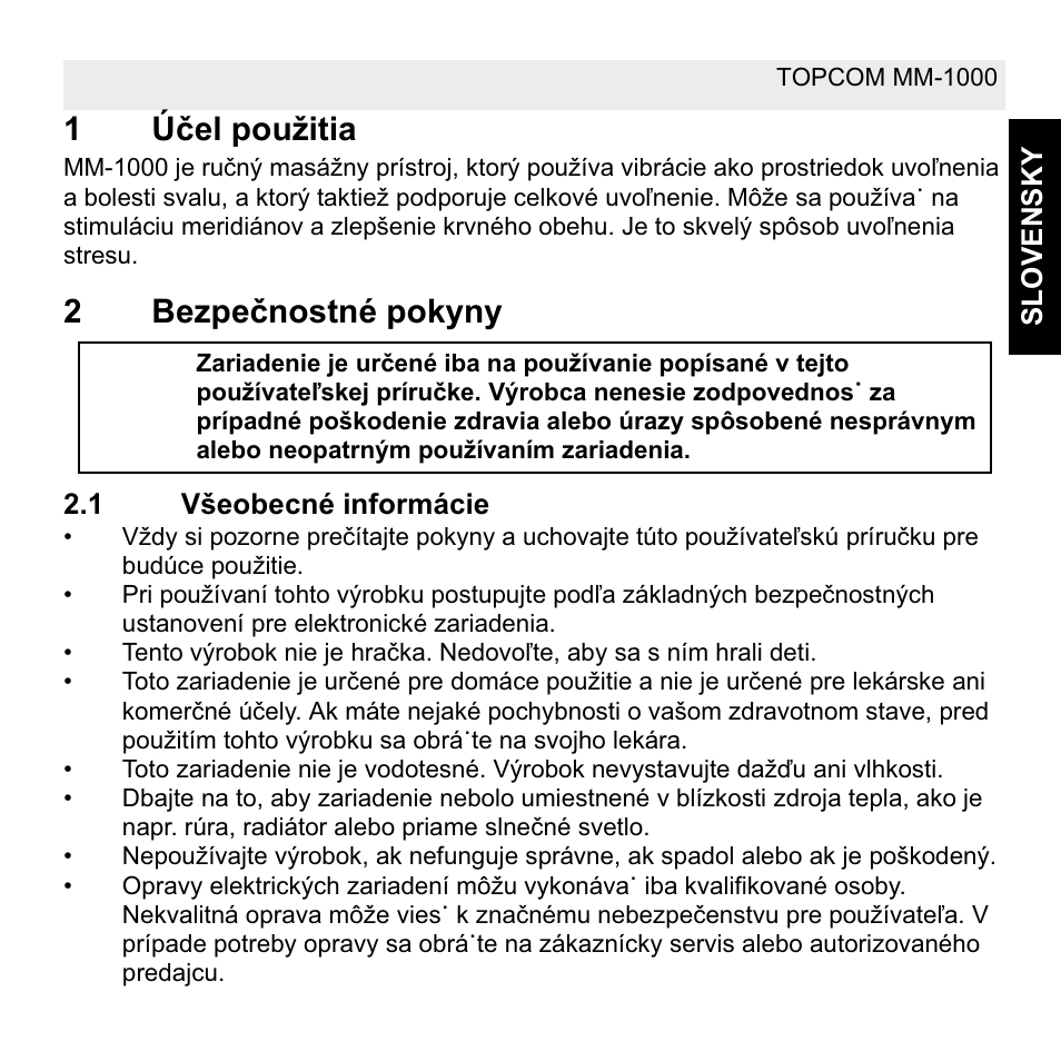 1úþel použitia, 2bezpeþnostné pokyny | Topcom MM 1000 User Manual | Page 117 / 124