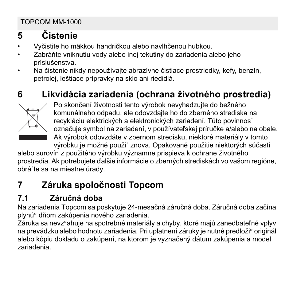 5ýistenie, 7záruka spoloþnosti topcom | Topcom MM 1000 User Manual | Page 122 / 124