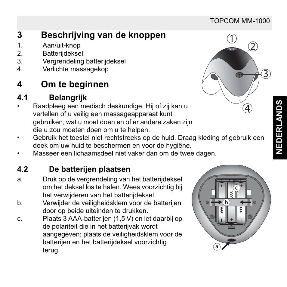 3beschrijving van de knoppen, 4om te beginnen | Topcom MM 1000 User Manual | Page 13 / 124