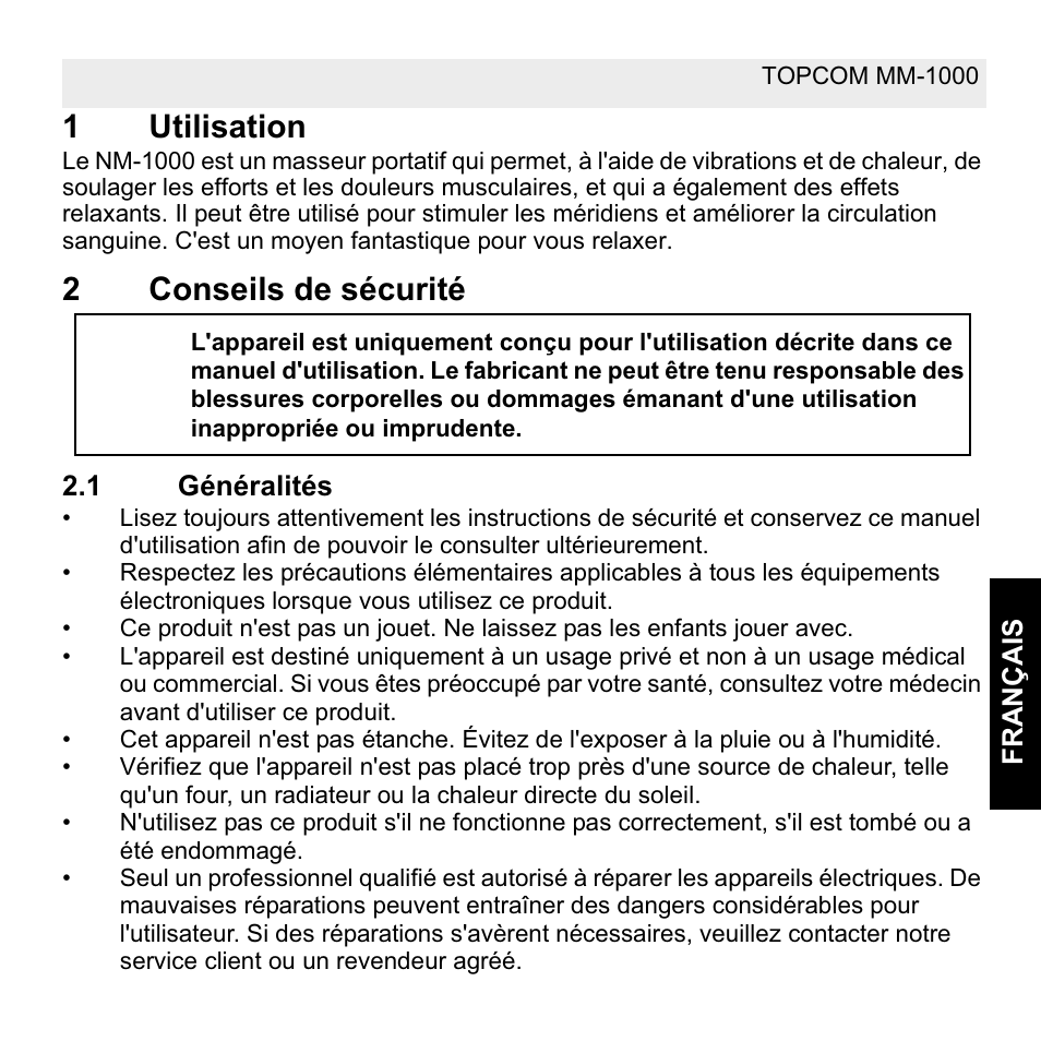 1utilisation, 2conseils de sécurité | Topcom MM 1000 User Manual | Page 17 / 124