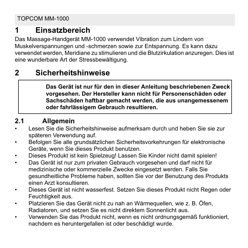 1einsatzbereich, 2sicherheitshinweise | Topcom MM 1000 User Manual | Page 24 / 124