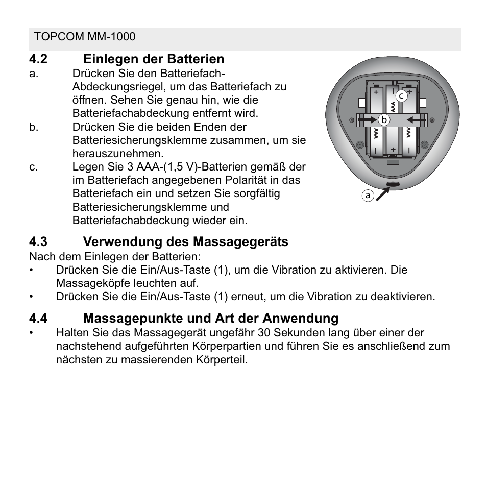 2 einlegen der batterien, 3 verwendung des massagegeräts, 4 massagepunkte und art der anwendung | Topcom MM 1000 User Manual | Page 28 / 124