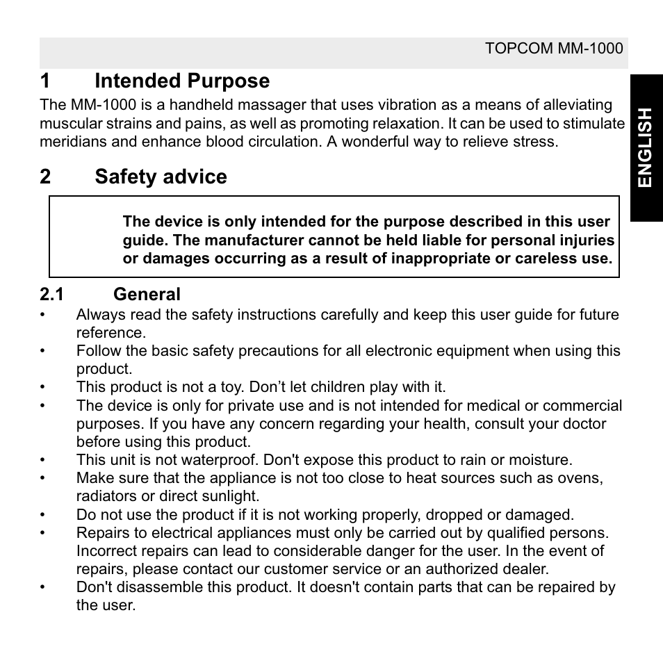 1intended purpose, 2safety advice | Topcom MM 1000 User Manual | Page 3 / 124