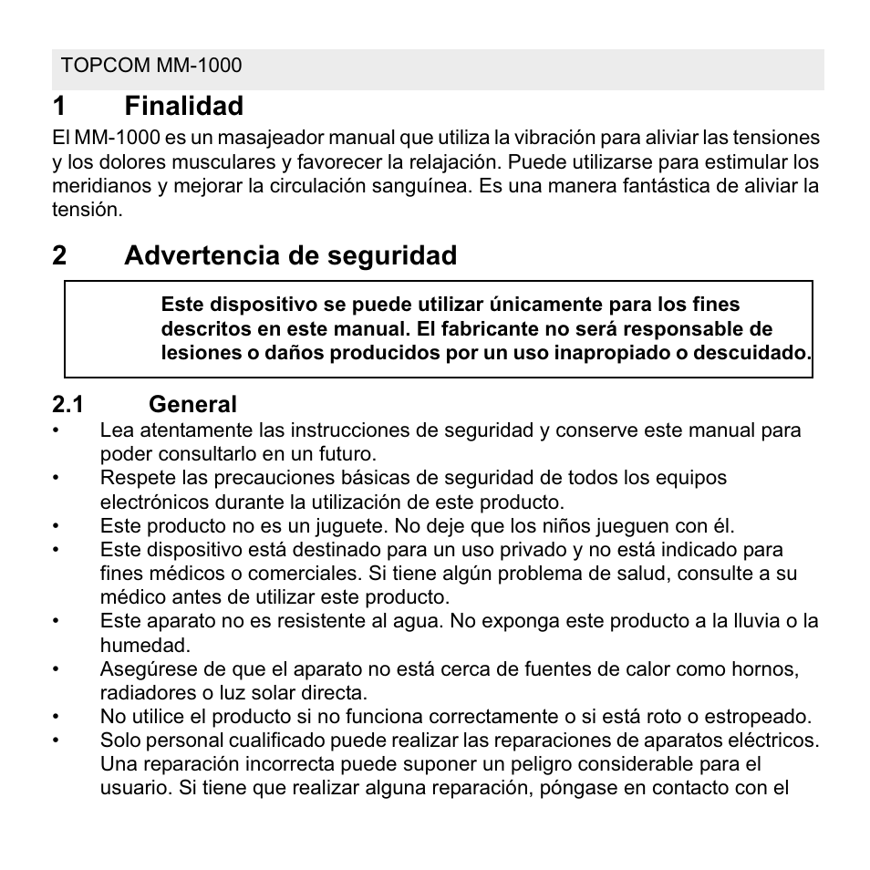 1finalidad, 2advertencia de seguridad | Topcom MM 1000 User Manual | Page 32 / 124