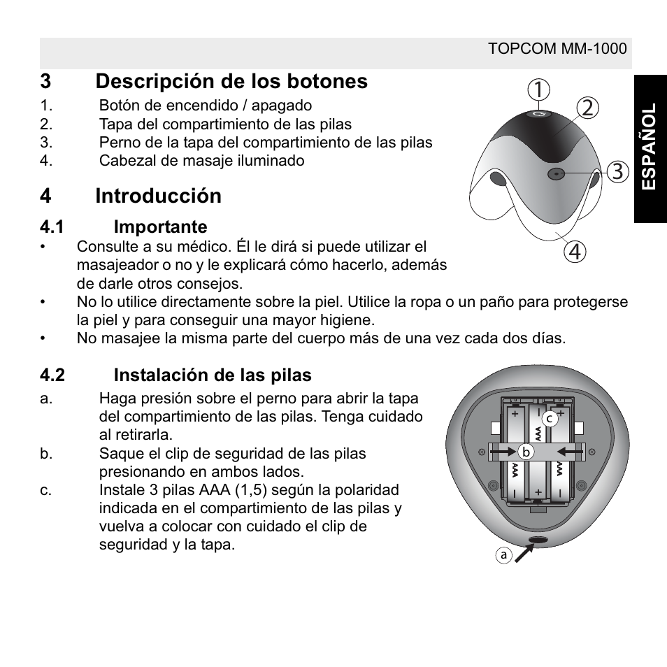 3descripción de los botones, 4introducción | Topcom MM 1000 User Manual | Page 35 / 124