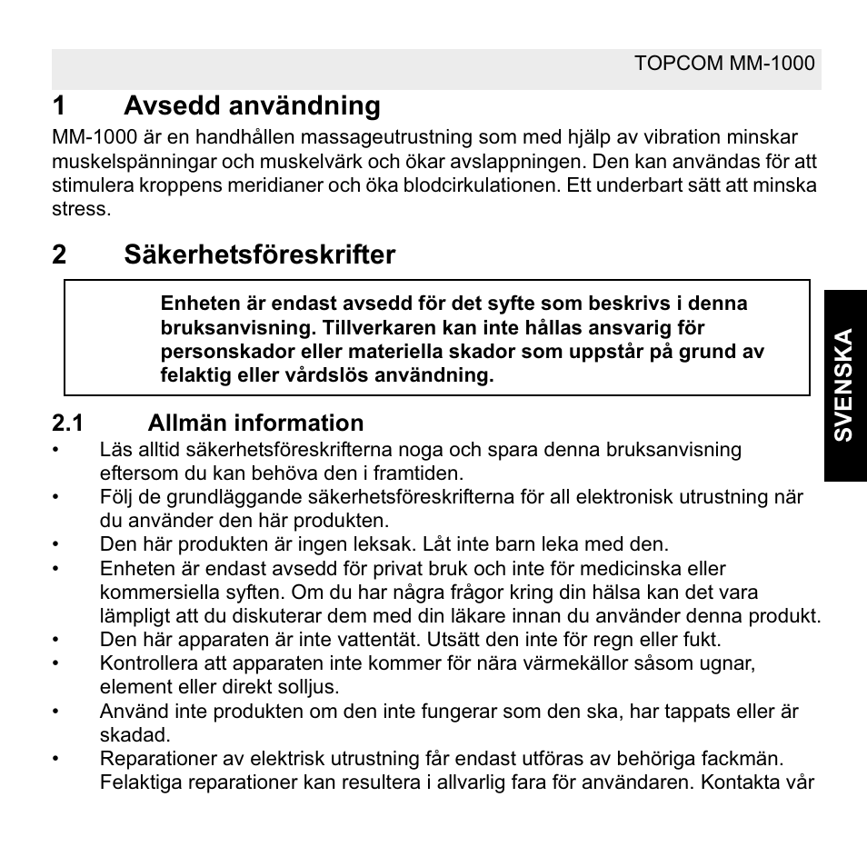 1avsedd användning, 2säkerhetsföreskrifter | Topcom MM 1000 User Manual | Page 39 / 124