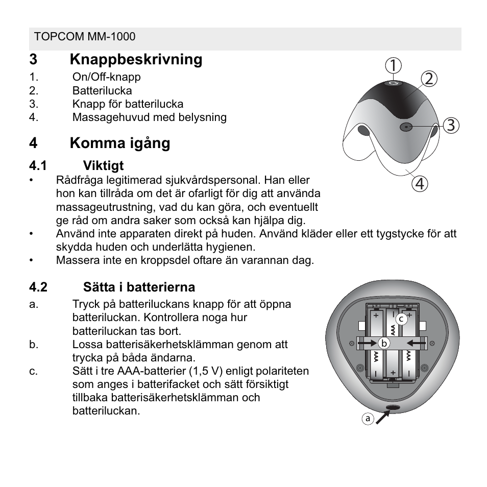 3knappbeskrivning, 4komma igång | Topcom MM 1000 User Manual | Page 42 / 124