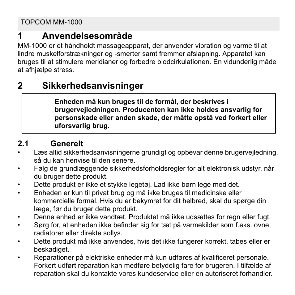 1anvendelsesområde, 2sikkerhedsanvisninger | Topcom MM 1000 User Manual | Page 46 / 124