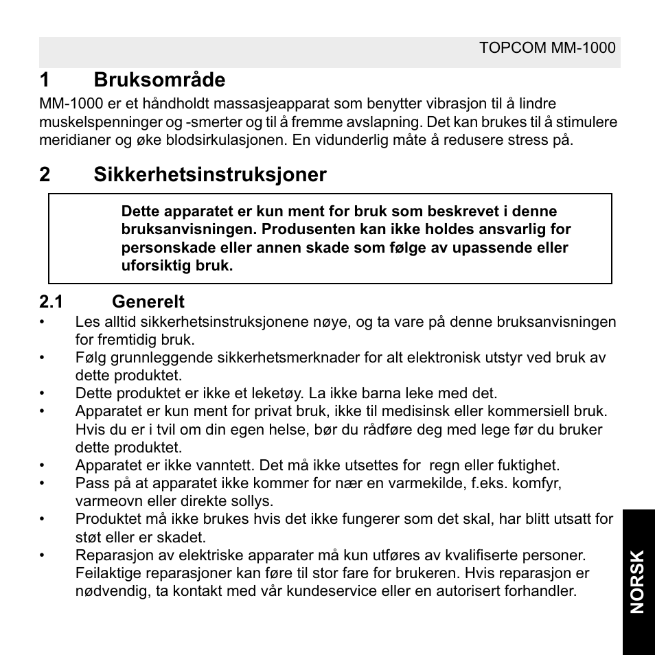 1bruksområde, 2sikkerhetsinstruksjoner | Topcom MM 1000 User Manual | Page 53 / 124