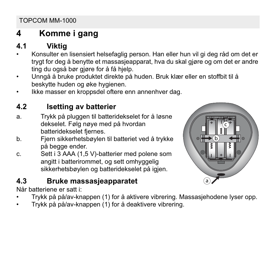 4komme i gang, 1 viktig, 2 isetting av batterier | 3 bruke massasjeapparatet | Topcom MM 1000 User Manual | Page 56 / 124