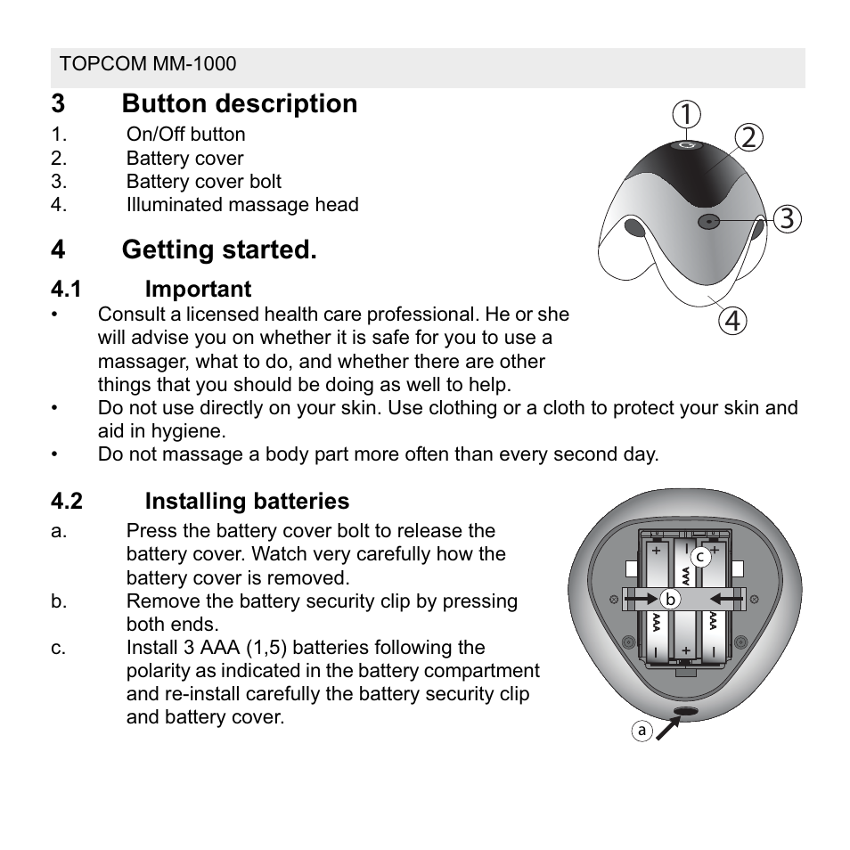 3button description, 4getting started | Topcom MM 1000 User Manual | Page 6 / 124