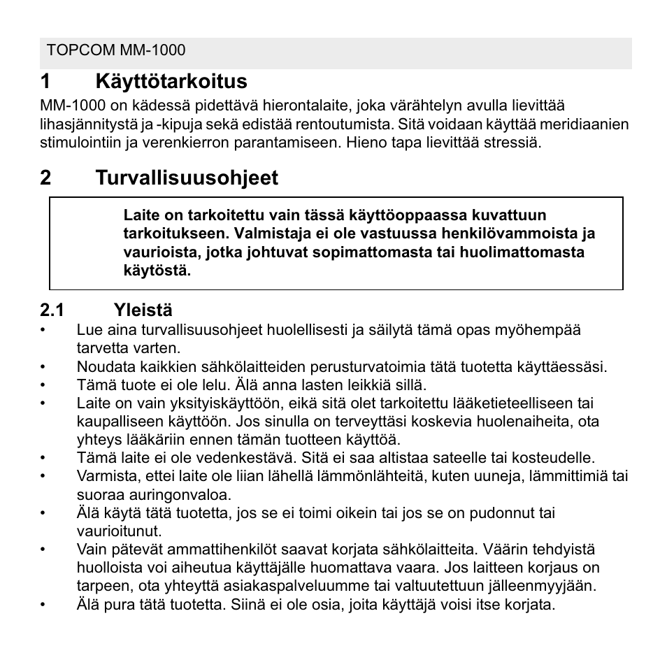 1käyttötarkoitus, 2turvallisuusohjeet | Topcom MM 1000 User Manual | Page 60 / 124