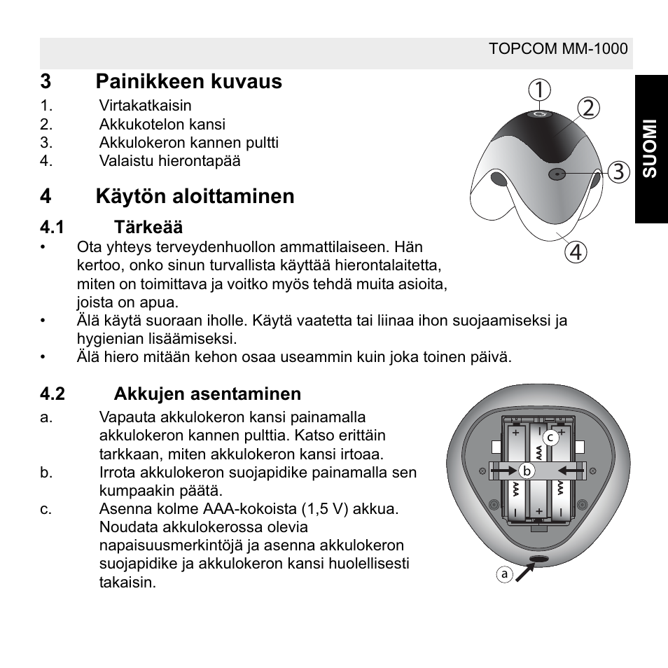 3painikkeen kuvaus, 4käytön aloittaminen | Topcom MM 1000 User Manual | Page 63 / 124