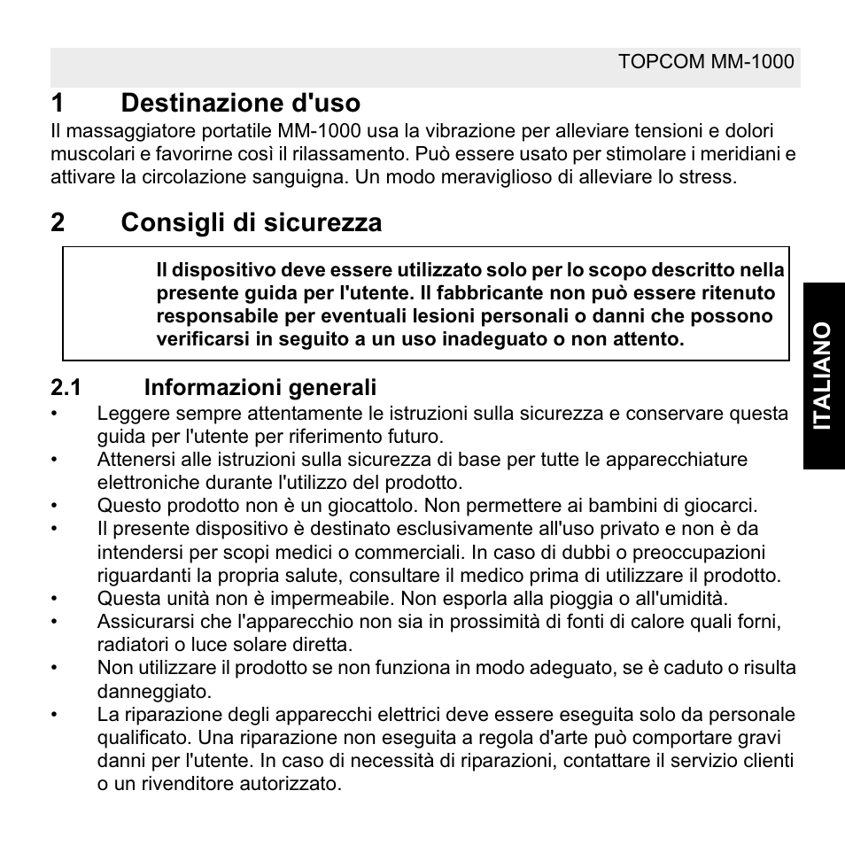 1destinazione d'uso, 2consigli di sicurezza | Topcom MM 1000 User Manual | Page 67 / 124