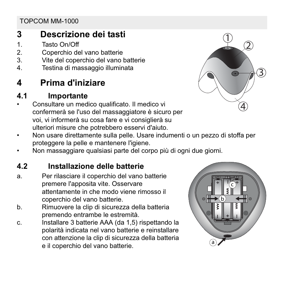 3descrizione dei tasti, 4prima d'iniziare | Topcom MM 1000 User Manual | Page 70 / 124