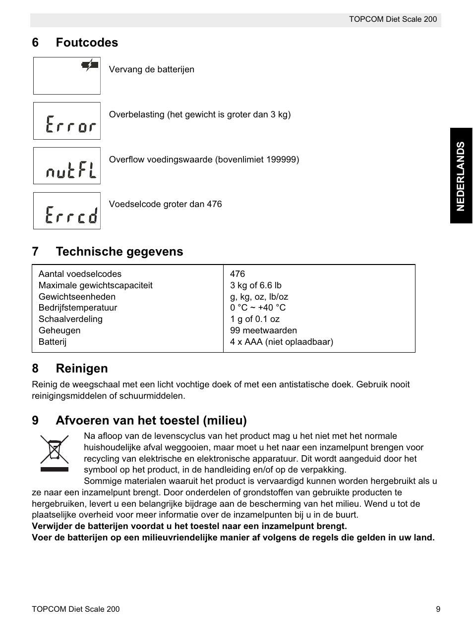 6foutcodes, 7technische gegevens 8 reinigen, 9afvoeren van het toestel (milieu) | Topcom DIET SCALE 200 User Manual | Page 11 / 88