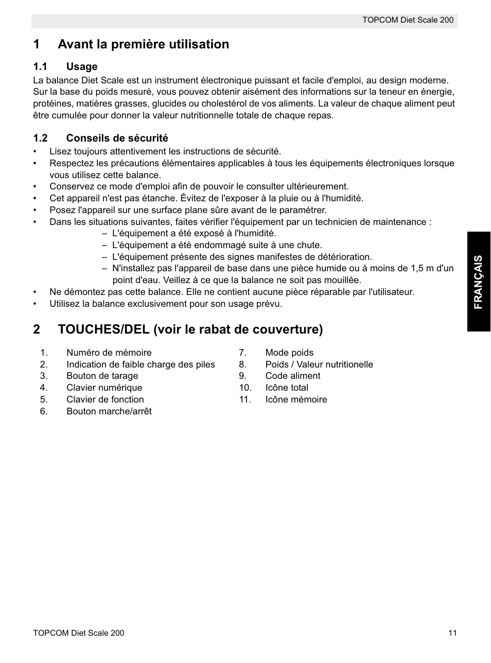 1avant la première utilisation, 2touches/del (voir le rabat de couverture) | Topcom DIET SCALE 200 User Manual | Page 13 / 88