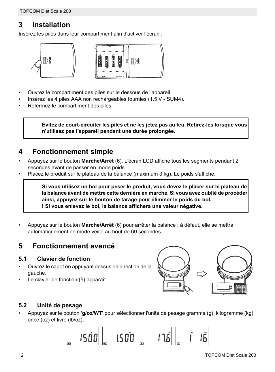 3installation, 4fonctionnement simple, 5fonctionnement avancé | 1 clavier de fonction, 2 unité de pesage | Topcom DIET SCALE 200 User Manual | Page 14 / 88