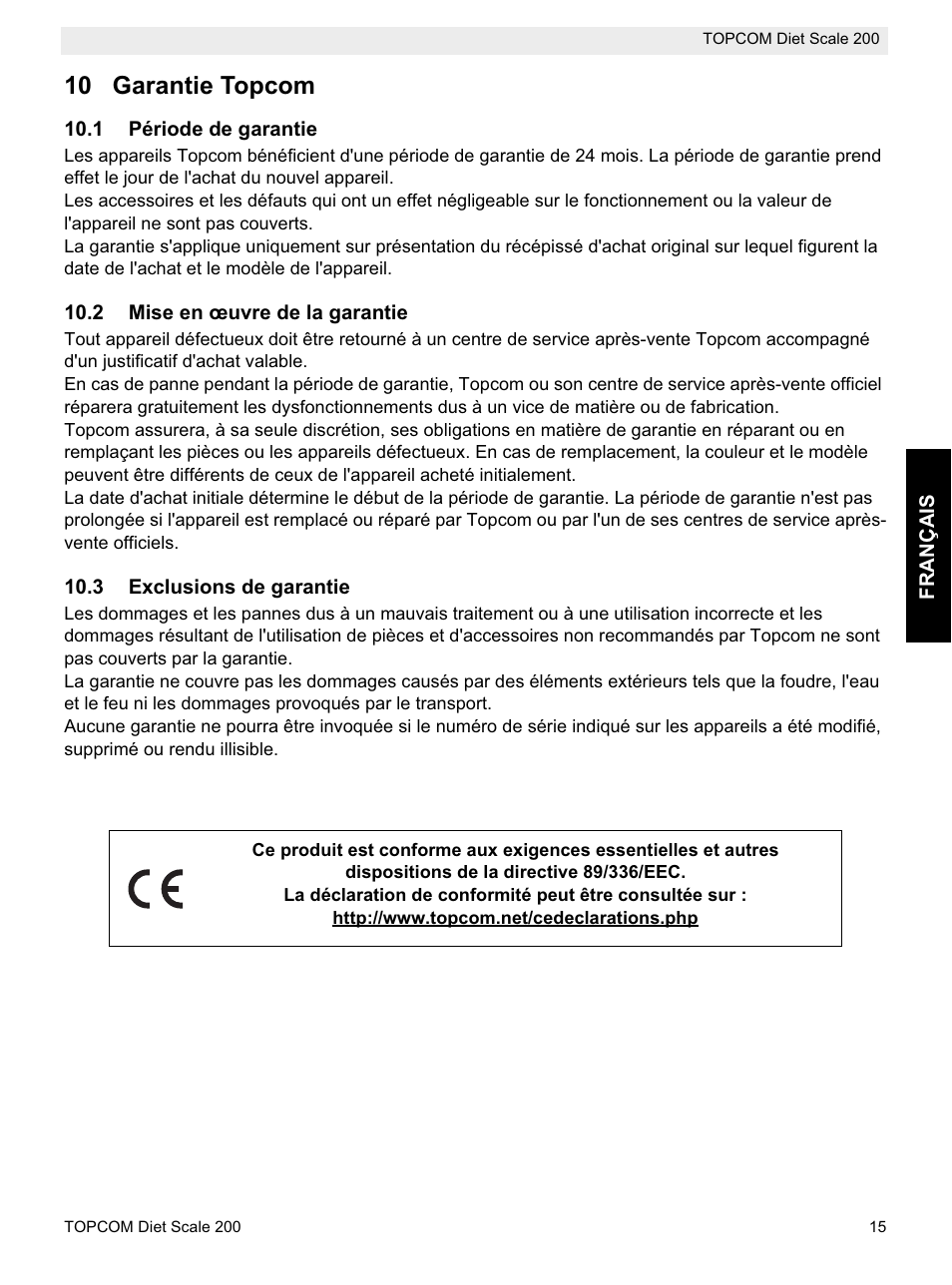 10 garantie topcom | Topcom DIET SCALE 200 User Manual | Page 17 / 88