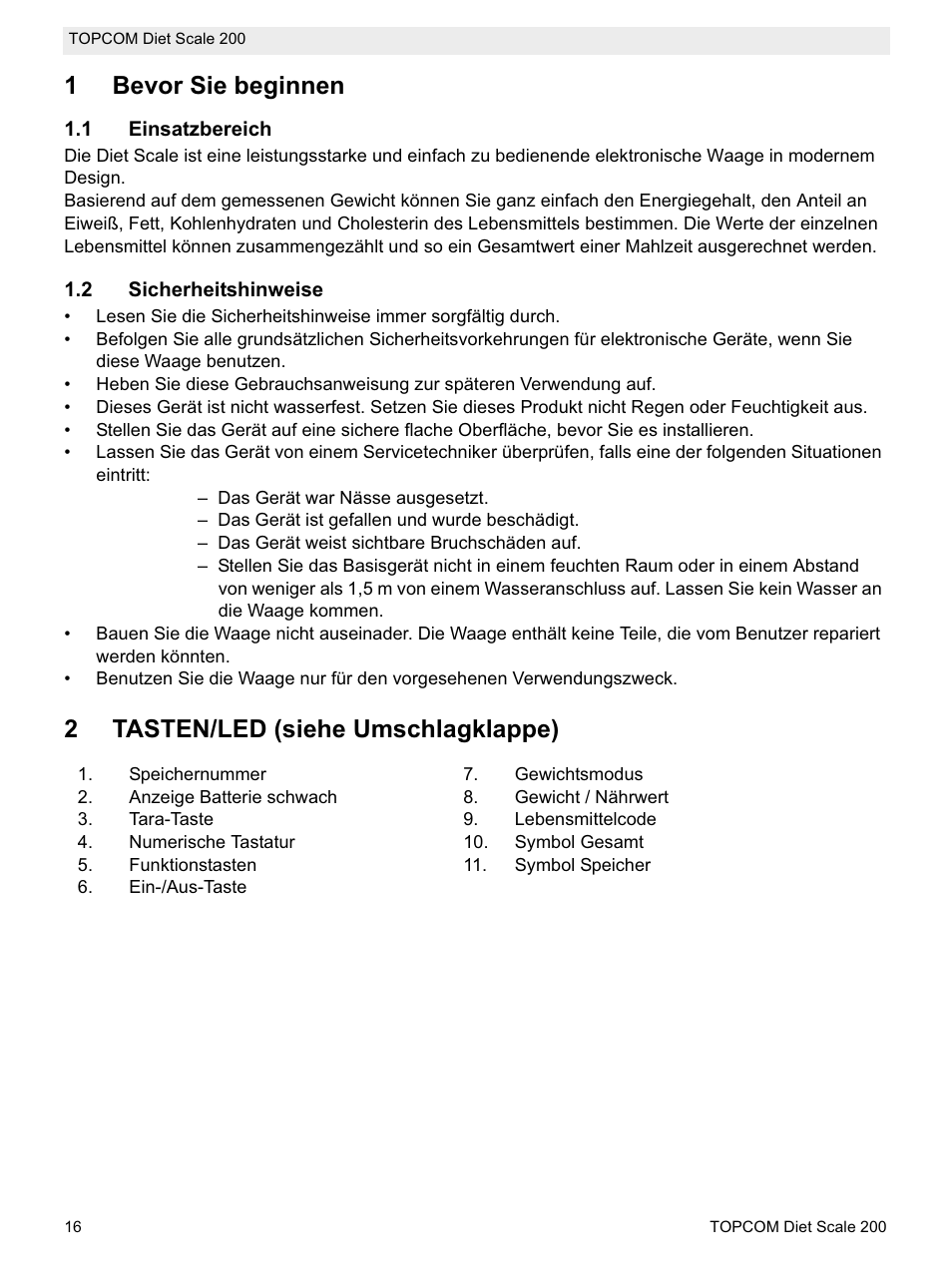 1bevor sie beginnen, 2tasten/led (siehe umschlagklappe) | Topcom DIET SCALE 200 User Manual | Page 18 / 88