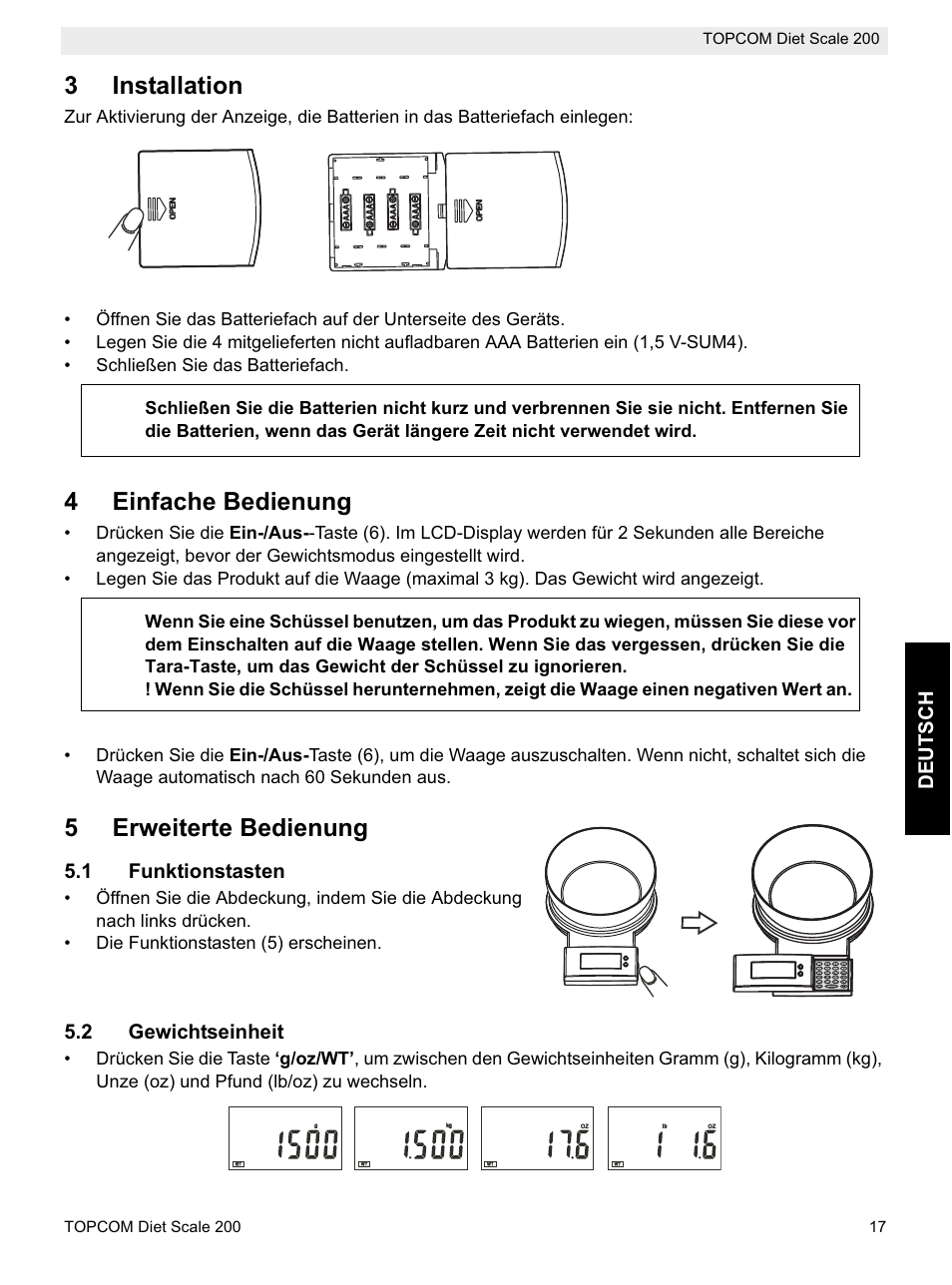 3installation, 4einfache bedienung, 5erweiterte bedienung | Deutsc h, 1 funktionstasten, 2 gewichtseinheit | Topcom DIET SCALE 200 User Manual | Page 19 / 88