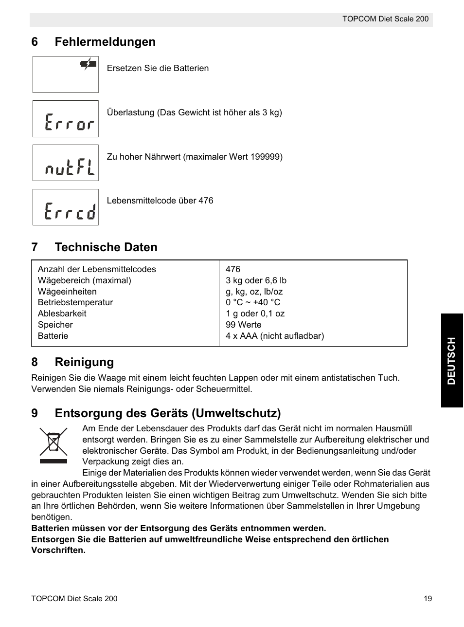 6fehlermeldungen, 7technische daten 8 reinigung, 9entsorgung des geräts (umweltschutz) | Topcom DIET SCALE 200 User Manual | Page 21 / 88