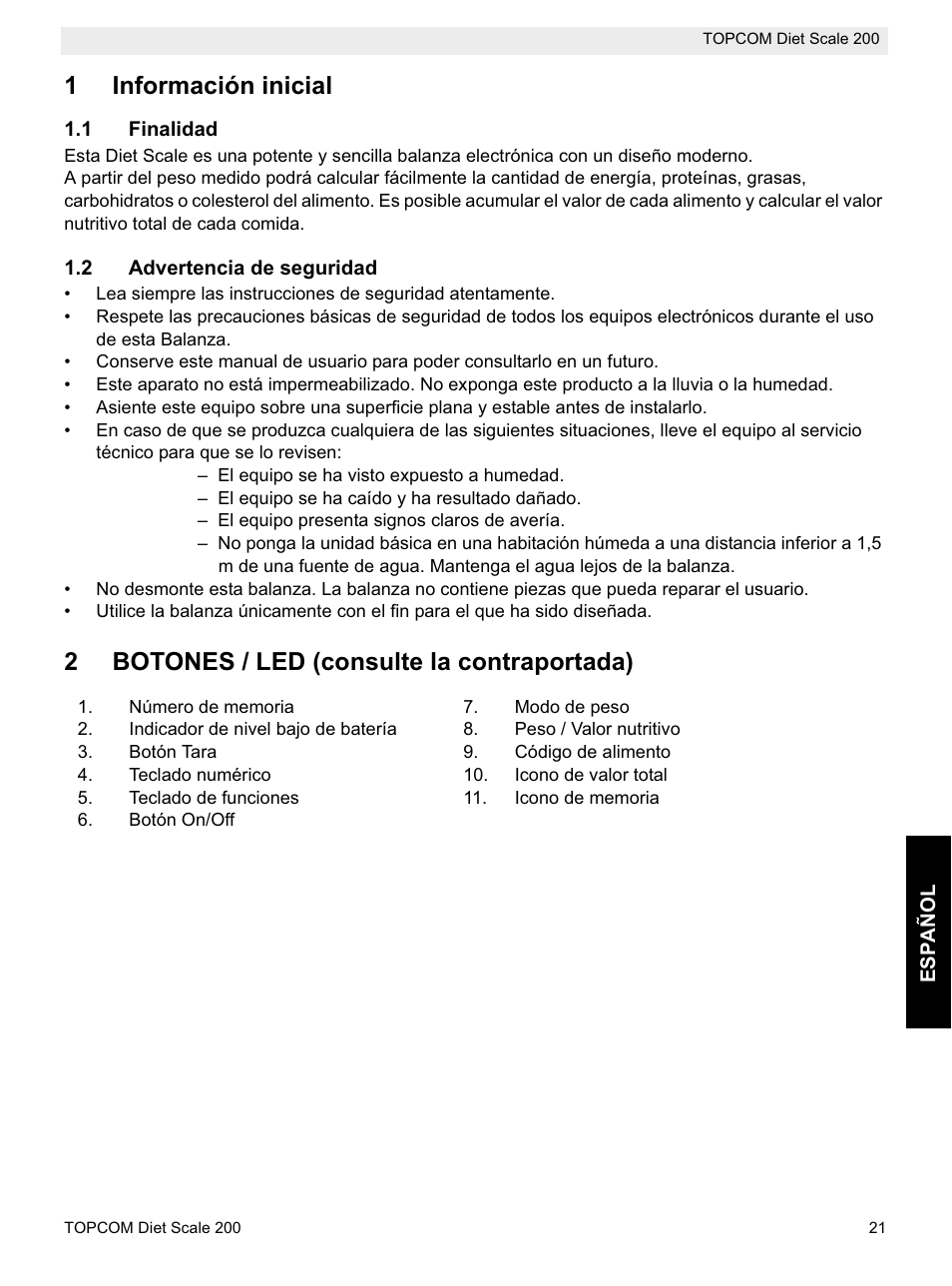 1información inicial, 2botones / led (consulte la contraportada) | Topcom DIET SCALE 200 User Manual | Page 23 / 88