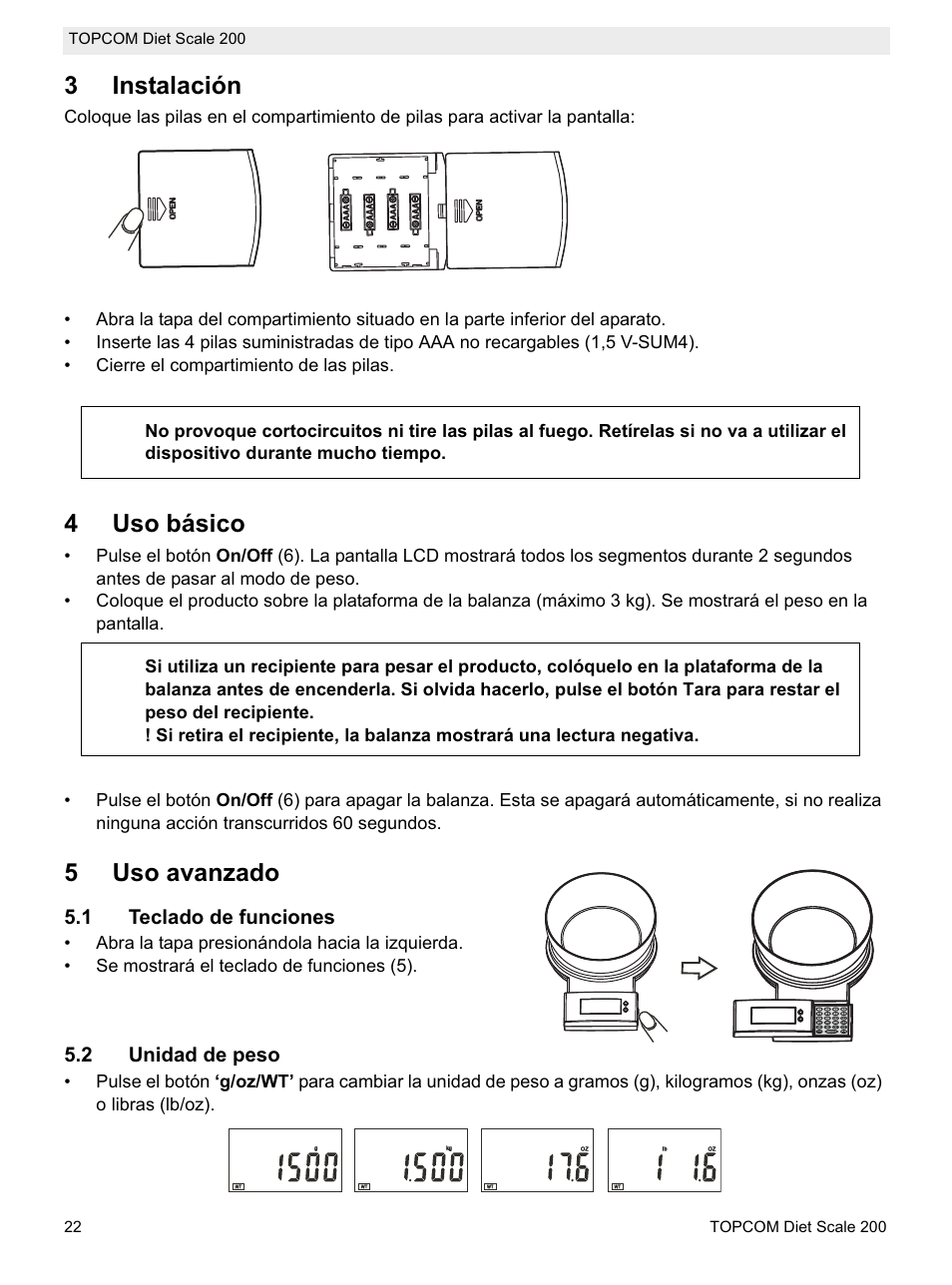 3instalación, 4uso básico, 5uso avanzado | 1 teclado de funciones, 2 unidad de peso | Topcom DIET SCALE 200 User Manual | Page 24 / 88