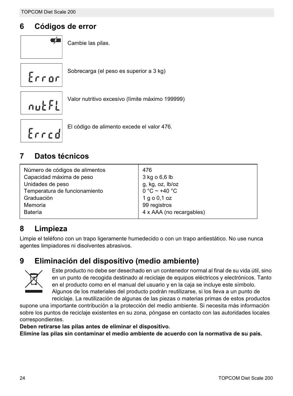 6códigos de error, 7datos técnicos 8 limpieza, 9eliminación del dispositivo (medio ambiente) | Topcom DIET SCALE 200 User Manual | Page 26 / 88