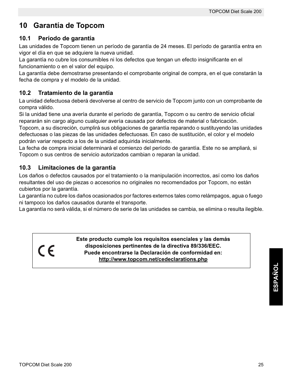 10 garantía de topcom | Topcom DIET SCALE 200 User Manual | Page 27 / 88