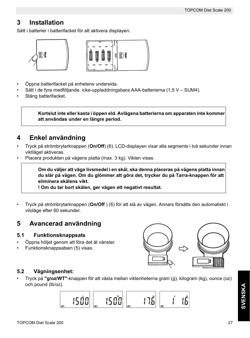 3installation, 4enkel användning, 5avancerad användning | Svenska, 1 funktionsknappsats, 2 vägningsenhet | Topcom DIET SCALE 200 User Manual | Page 29 / 88